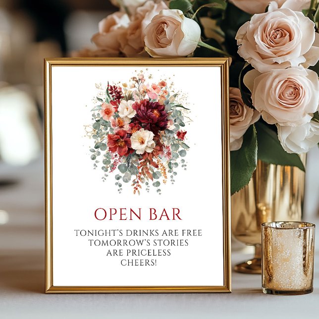 Chic Höst Marsala Blommig Öppen Bar Bordskylt Poster (Chic Fall Marsala Floral Open Bar Tabletop Sign

)