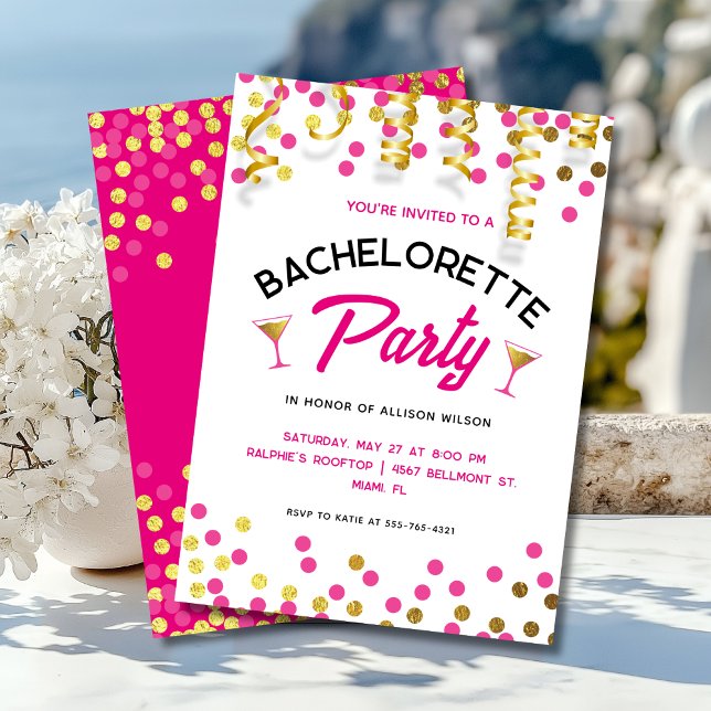 Chic Hot Pink & Gold Dots Bachelorette Party Inbjudningar (Skapare uppladdad)