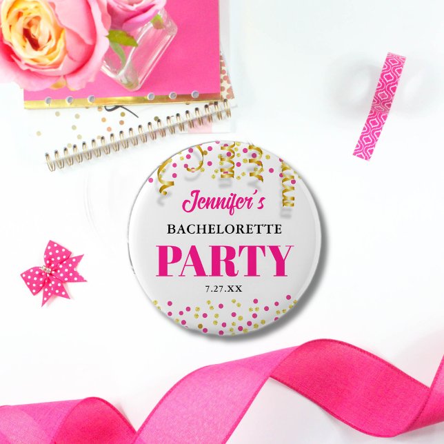 Chic Hot Pink & Gold Dots Bachelorette Party Knapp (Skapare uppladdad)