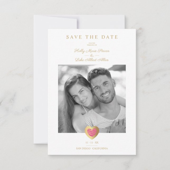 Chic Hot Pink & Gold Heart Photo Couple Wedding Spara Datumet (Framsida)
