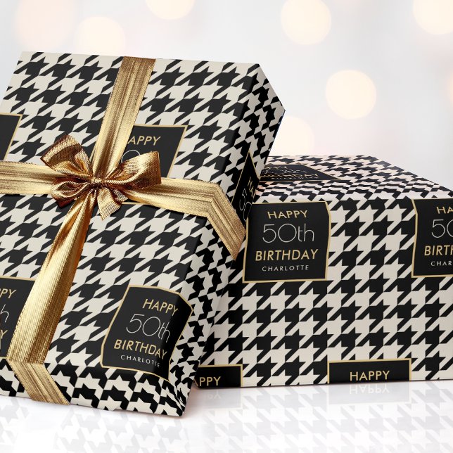 Chic Houndstooth Mönster Birthday 50th Benwhite Presentpapper (Skapare uppladdad)