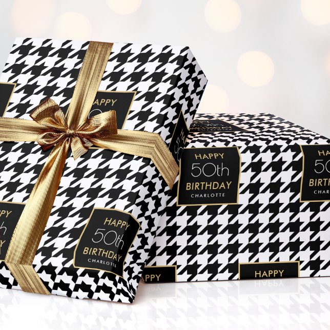 Chic Houndstooth Mönster Birthday 50th Black White Presentpapper (Skapare uppladdad)