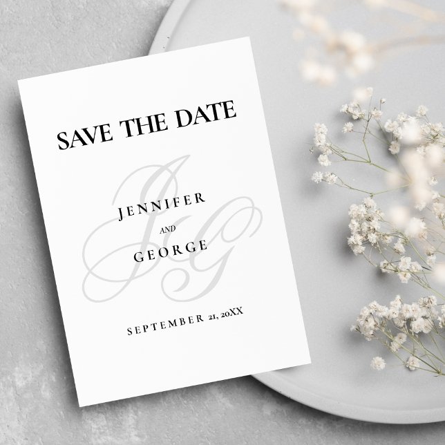 Chic i monogram svart initialer, vit Spara datum Datumet (Chic monogram initials black white Save The Date)