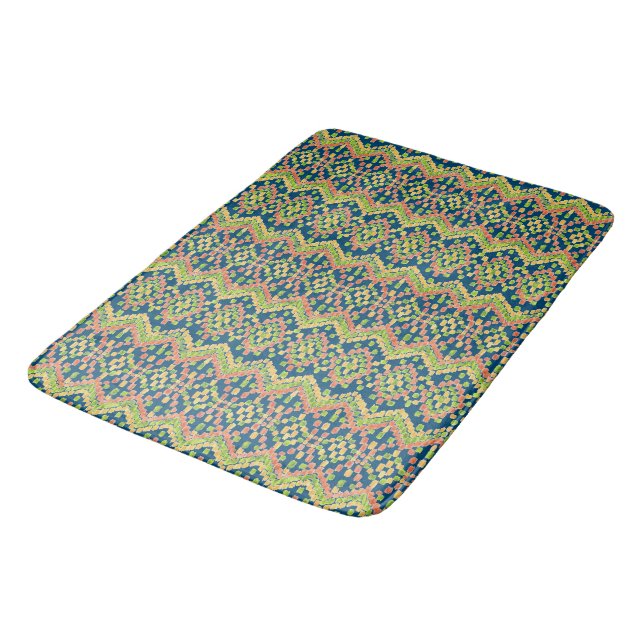 Chic Ikat Colorful Ethnic Mönster på Blue Badrumsmatta (Vinklad)