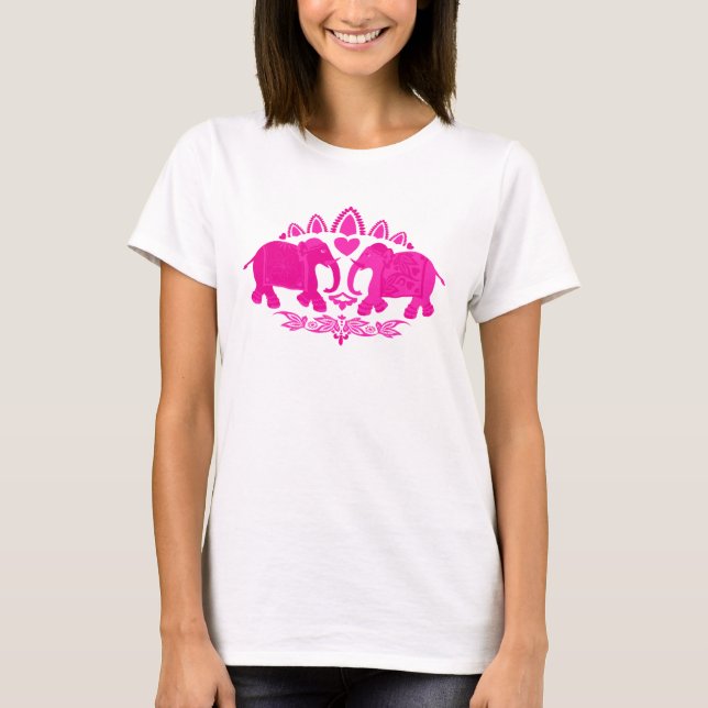 Chic Indian Elephants Rosa Ethnic T Shirt (Framsida)