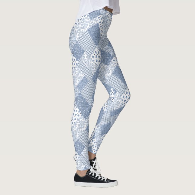Chic Indigo Blue and White Faux Patchwork Mönster Leggings (Höger)