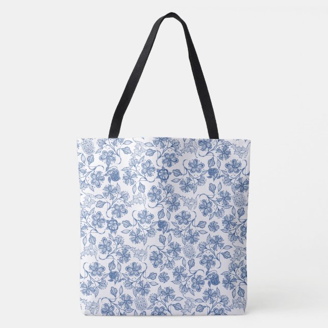 Chic Indigo Blue and White Floral Pattern Tygkasse (Framsida)