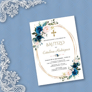 Chic Invacion De Bautizo Guld Con Flores Baptism Inbjudningar