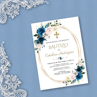 Chic Invacion De Bautizo Guld Con Flores Baptism Inbjudningar
