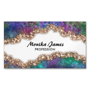 Chic Iridescent Blue Guld Faux Glitter Monogram Magnetiska Visitkort