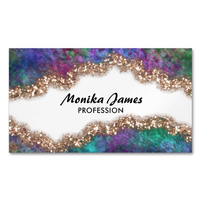 Chic Iridescent Blue Guld Faux Glitter Monogram Magnetiska Visitkort (Framsida)