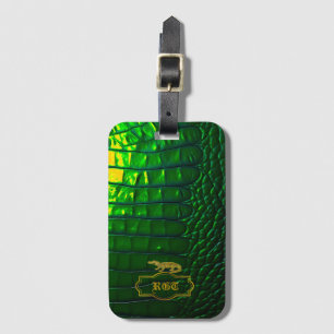 Chic Iridescent Grönt Faux Crokodile Monogrammed Bagagebricka