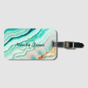 Chic Iridescent Mint Guld Faux Glitter Monogram Bagagebricka