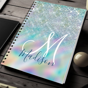 Chic iridescent ombre blue faux glitter monogram anteckningsbok