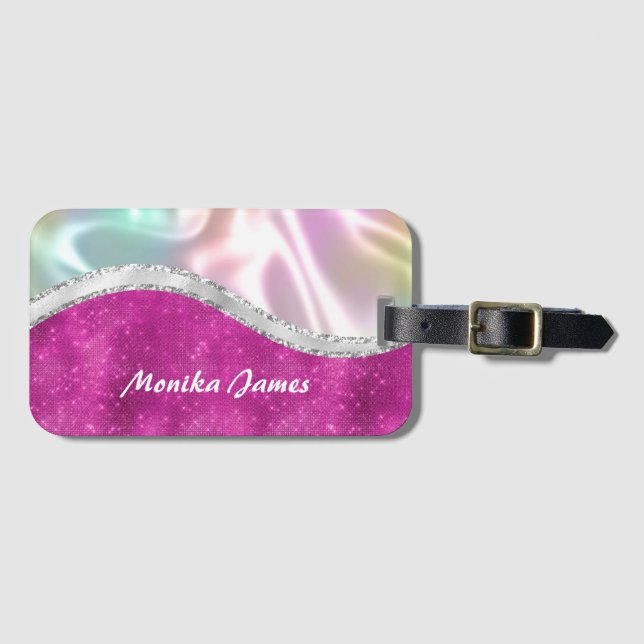Chic Iridescent Rosa Silver Faux Glitter Monogram Bagagebricka (Framsida horisontal)