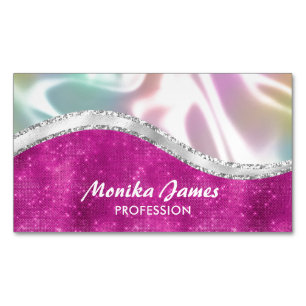 Chic Iridescent Rosa Silver Faux Glitter Monogram Magnetiska Visitkort