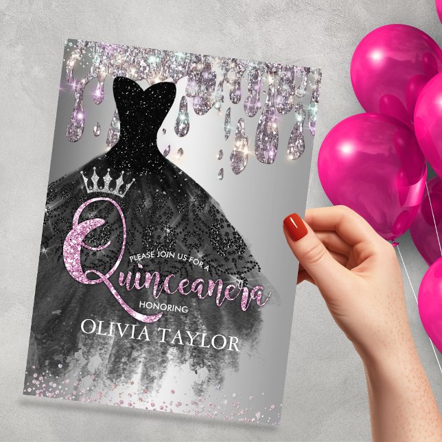 Chic iridescent silver glitter droppar Quinceanera Inbjudningar (Skapare uppladdad)