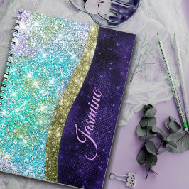 Chic iriserande lila blå falskt glittermonogram anteckningsbok