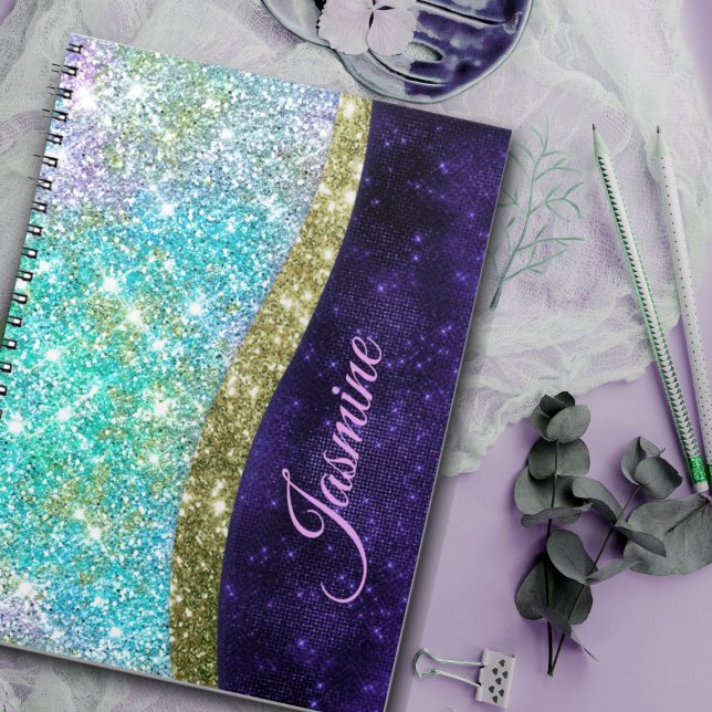 Chic iriserande lila blå falskt glittermonogram anteckningsbok (Skapare uppladdad)