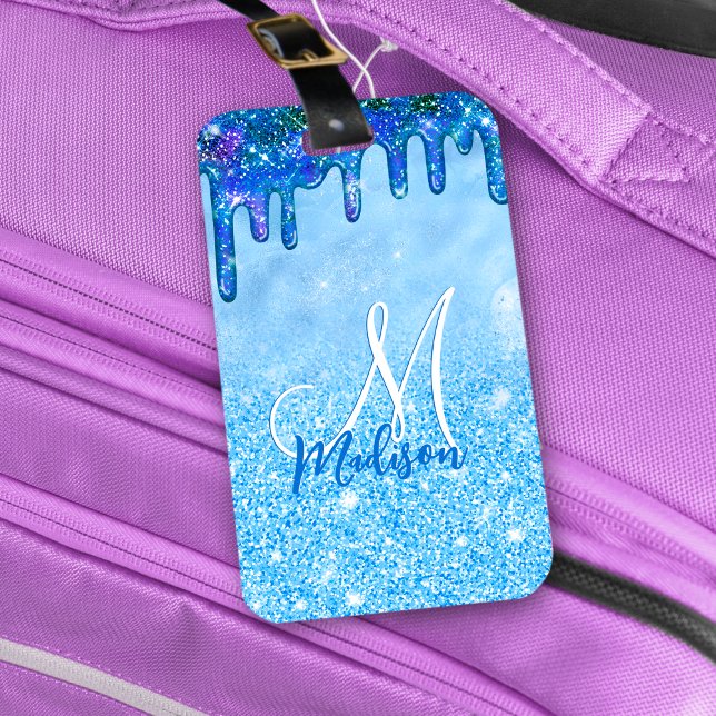 Chic isblått ombre glitter droppar monogram bagagebricka (Skapare uppladdad)