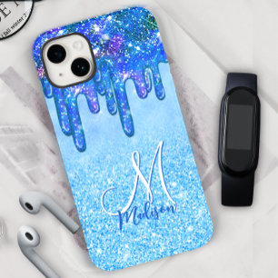 Chic isblått ombre glitter droppar monogram bärbar