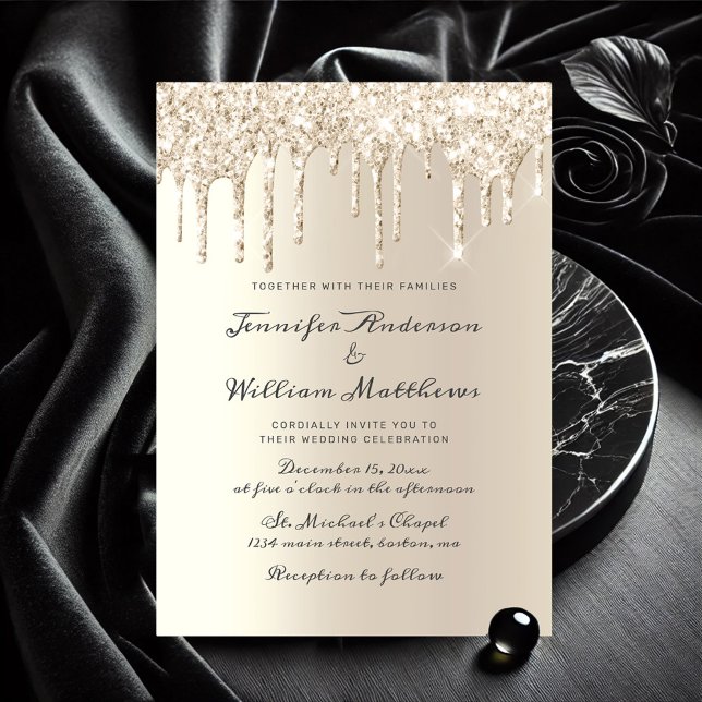 Chic ivorianskning Glitter Elegant Bröllop Inbjudningar (Ivory Dripping Glitter Elegant Script Wedding Invitation)