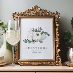Chic Ivory Blommigt Greenery Bröllop Guestbook-tec Poster