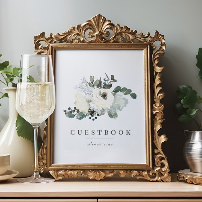 Chic Ivory Blommigt Greenery Bröllop Guestbook-tec Poster (Skapare uppladdad)