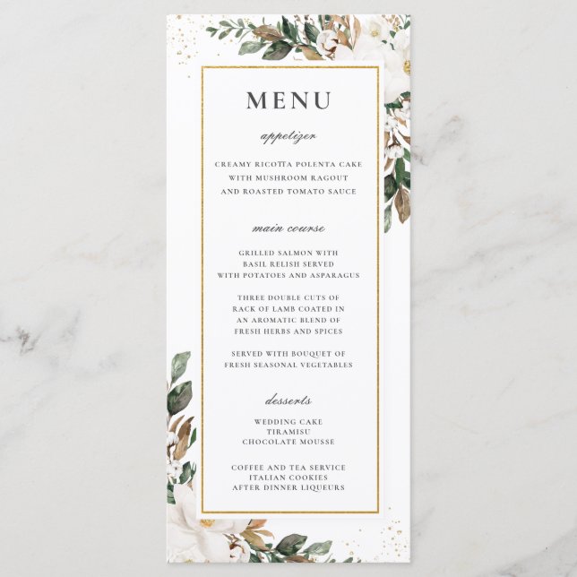 Chic Ivory Magnolia Blommigt Greenery Bröllop Menu Program (Framsida)