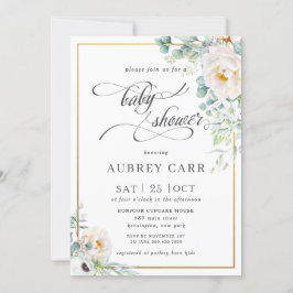 Chic Ivory Peony Ro Blommigt Greenery Baby Shower Inbjudningar