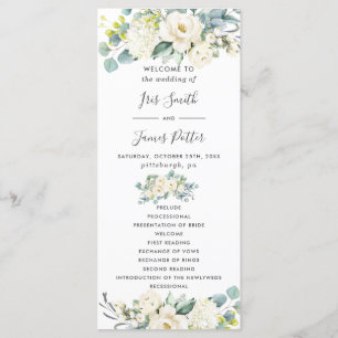 Chic Ivory White Blommigt Greenery Bröllopsprogram Program