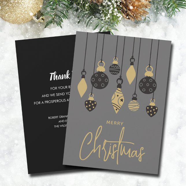 Chic Julgran Ornaments Business Julkort (Black & gold Christmas tree ornaments on grey business holiday card-PRINTED and/or INSTANT DOWNLOAD)