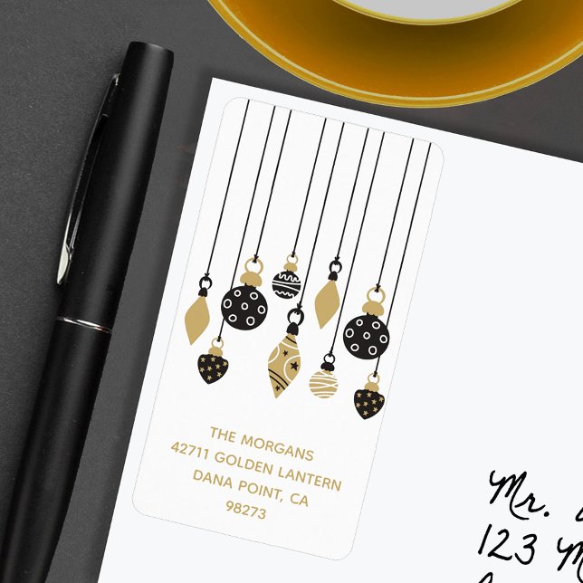 Chic Julprydnadsföremål Helgdag Adress Adressetikett (Chic black and gold Christmas tree ornaments holiday return address labels)