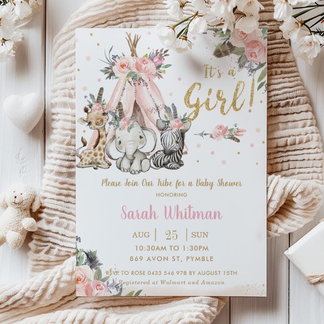 Chic Jungle Animals Boho Tribal Girl Baby Shower Inbjudningar (tribal boho jungle animals pink floral teepee elephant zebra giraffe baby girl shower invitation )