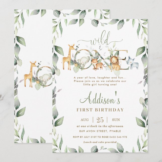 Chic Jungle Animals Greenery 1st Birthday Boy Girl Inbjudningar (Fram/baksida)