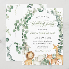 Chic Jungle Animals Greenery 1st Birthday Party Inbjudningar