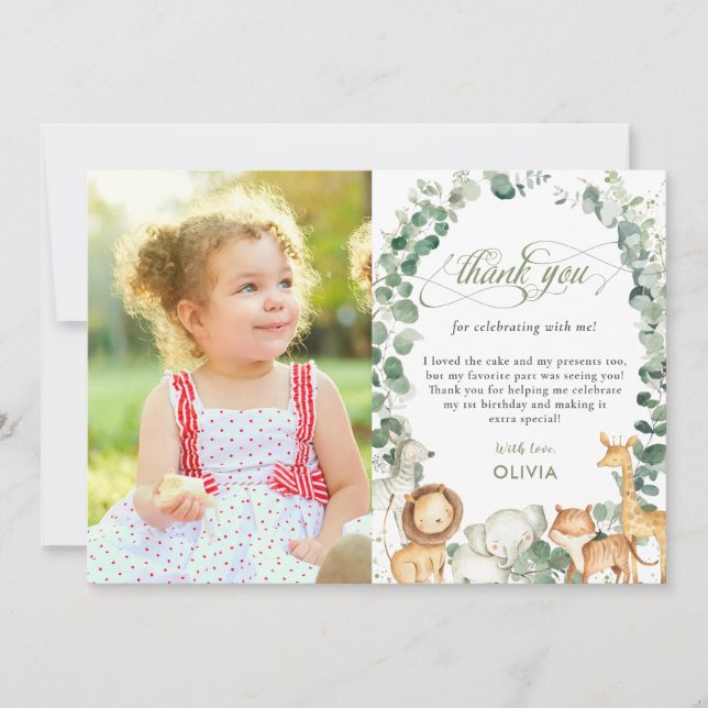 Chic Jungle Animals Greenery 1st Birthday Photo Tack Kort (Framsida)