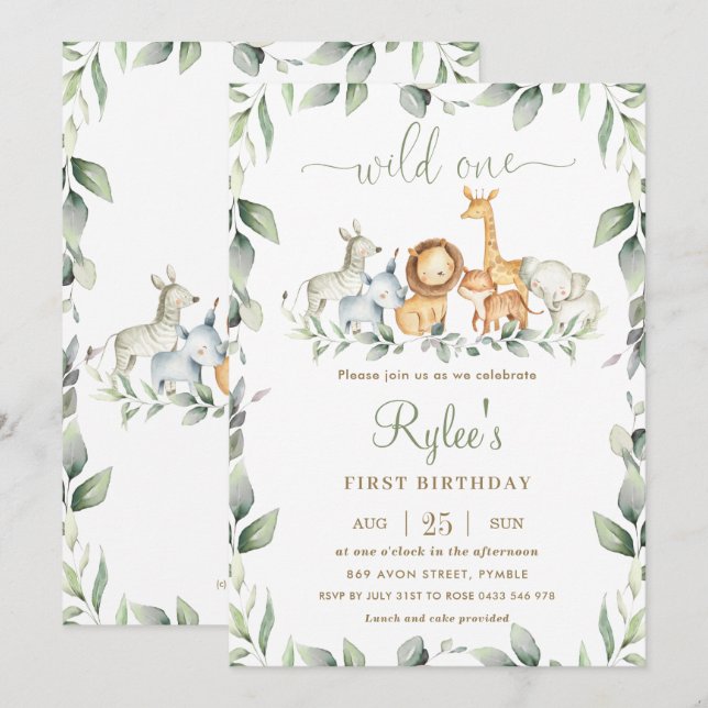 Chic Jungle Animals Greenery 1st Birthday Vild One Inbjudningar (Fram/baksida)