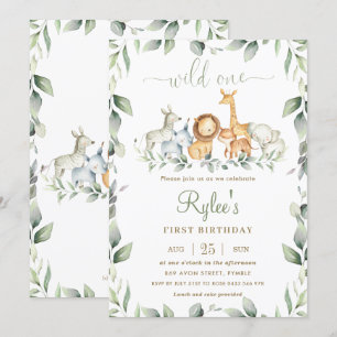 Chic Jungle Animals Greenery 1st Birthday Vild One Inbjudningar