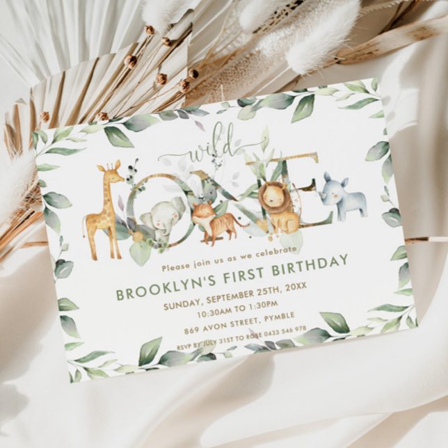 Chic Jungle Animals Greenery 1st Birthday Vild One Inbjudningar (Skapare uppladdad)