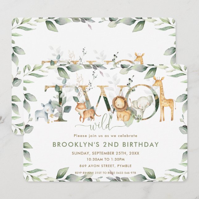 Chic Jungle Animals Greenery 2:a födelsedagen 2 Vi Inbjudningar (Fram/baksida)