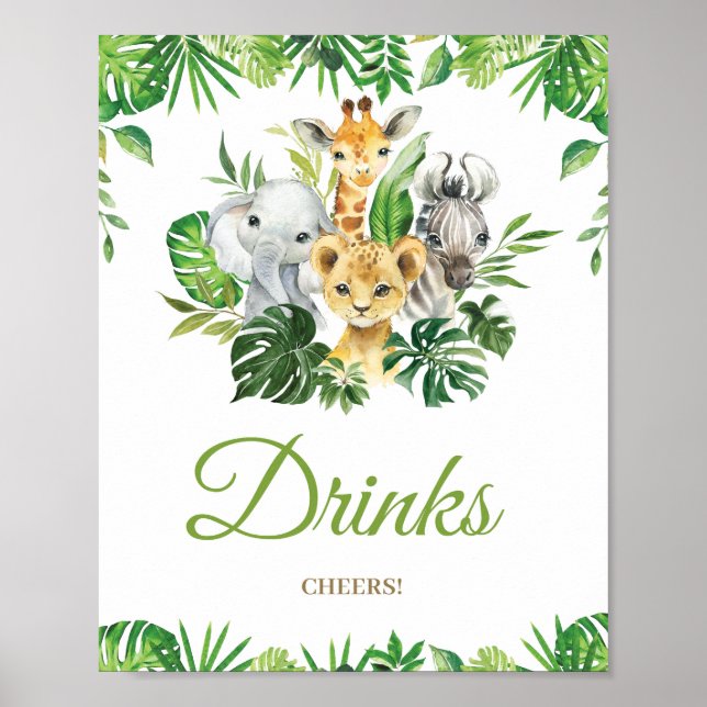 Chic Jungle Animals Greenery Baby Shower Drinks Poster (Framsidan)