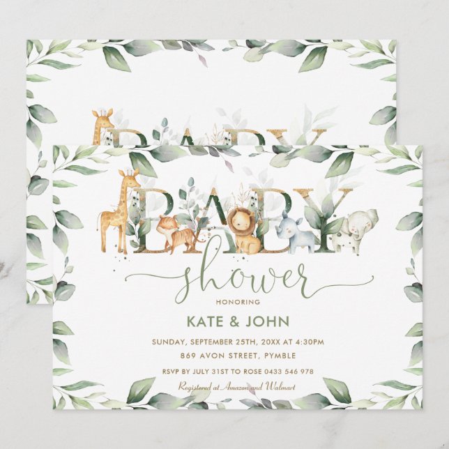 Chic Jungle Animals Greenery Baby Shower Neutralt Inbjudningar (Fram/baksida)