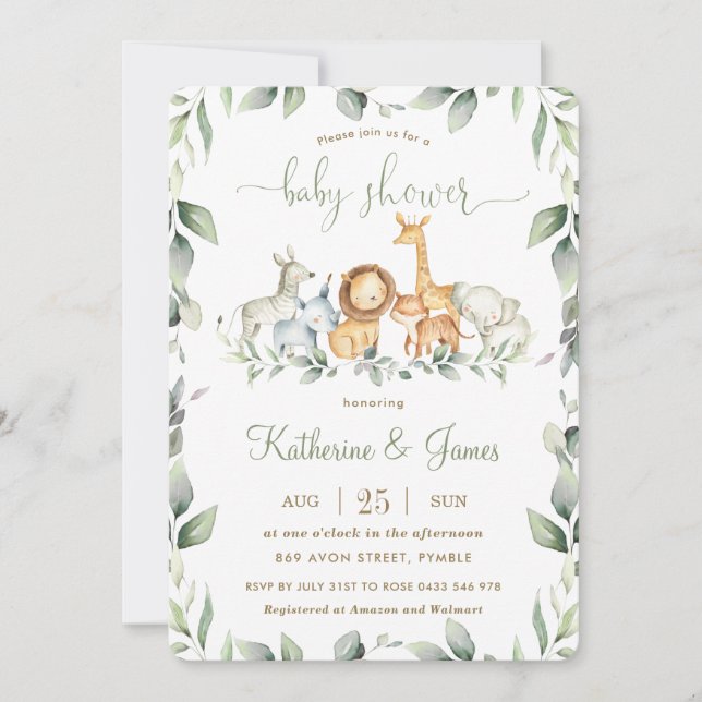 Chic Jungle Animals Greenery Baby Shower Neutralt Inbjudningar (Framsida)