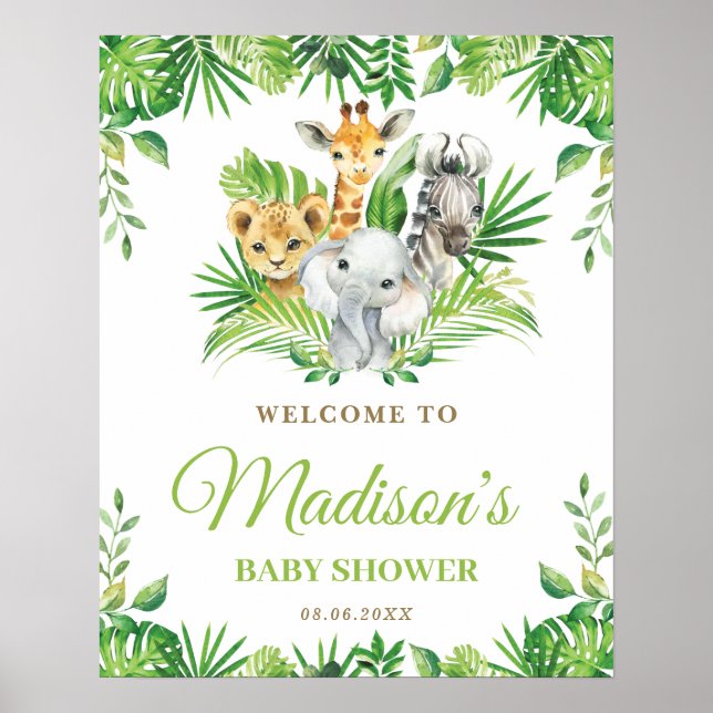 Chic Jungle Animals Greenery Baby Shower Välkommen Poster (Framsidan)