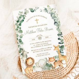 Chic Jungle Animals Greenery Baptism Christening Inbjudningar