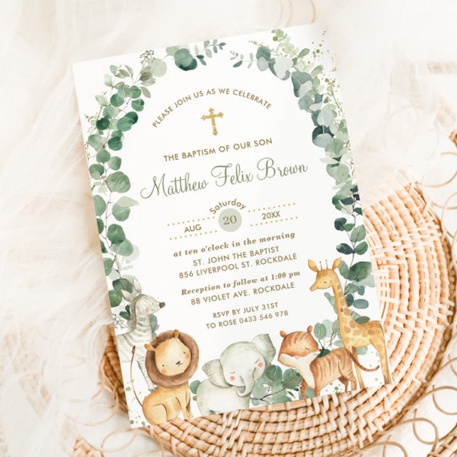 Chic Jungle Animals Greenery Baptism Christening Inbjudningar (Skapare uppladdad)