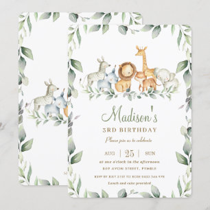 Chic Jungle Animals Greenery Birthday Boy Girl Inbjudningar