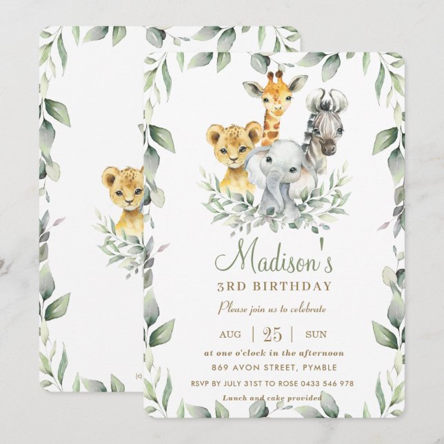 Chic Jungle Animals Greenery Birthday Boy Girl Inbjudningar (Fram/baksida)