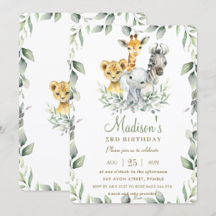 Chic Jungle Animals Greenery Birthday Boy Girl Inbjudningar